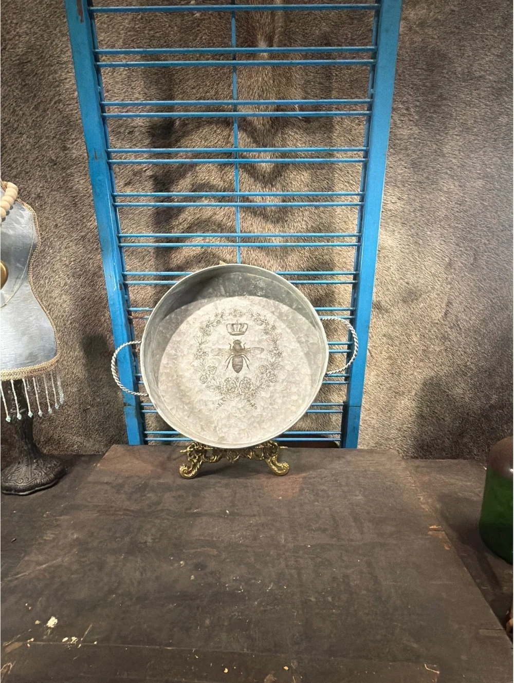 Round Galvanized Metal Serving Tray with Bee and Crown Design